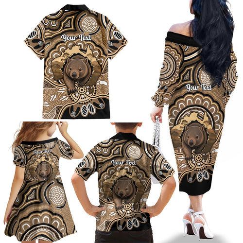 Personalised Australia Wombat Family Matching Off The Shoulder Long Sleeve Dress and Hawaiian Shirt Aussie Map Indigenous Art