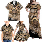 Personalised Australia Wombat Family Matching Off Shoulder Maxi Dress and Hawaiian Shirt Aussie Map Indigenous Art