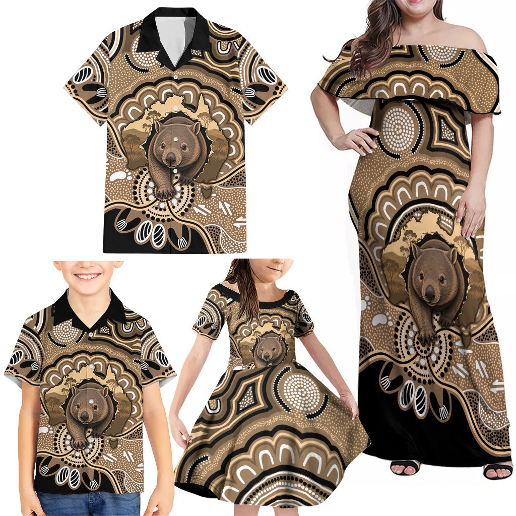 Personalised Australia Wombat Family Matching Off Shoulder Maxi Dress and Hawaiian Shirt Aussie Map Indigenous Art