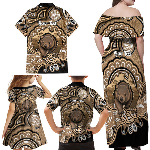 Personalised Australia Wombat Family Matching Off Shoulder Maxi Dress and Hawaiian Shirt Aussie Map Indigenous Art