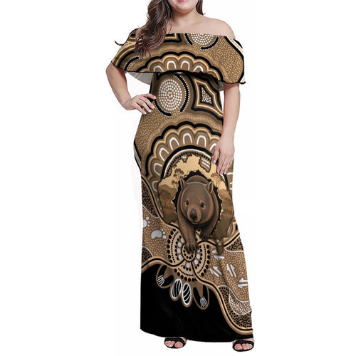 Personalised Australia Wombat Family Matching Off Shoulder Maxi Dress and Hawaiian Shirt Aussie Map Indigenous Art