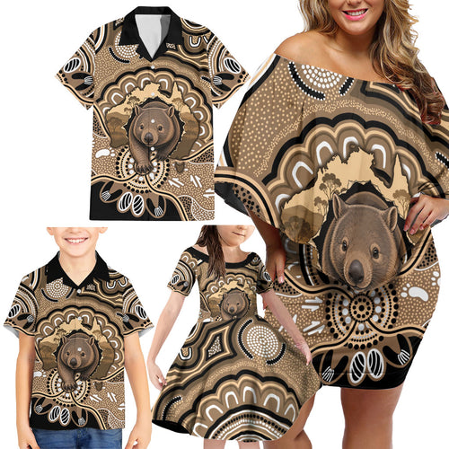 Personalised Australia Wombat Family Matching Off Shoulder Short Dress and Hawaiian Shirt Aussie Map Indigenous Art