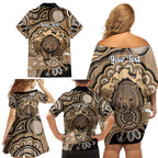 Personalised Australia Wombat Family Matching Off Shoulder Short Dress and Hawaiian Shirt Aussie Map Indigenous Art