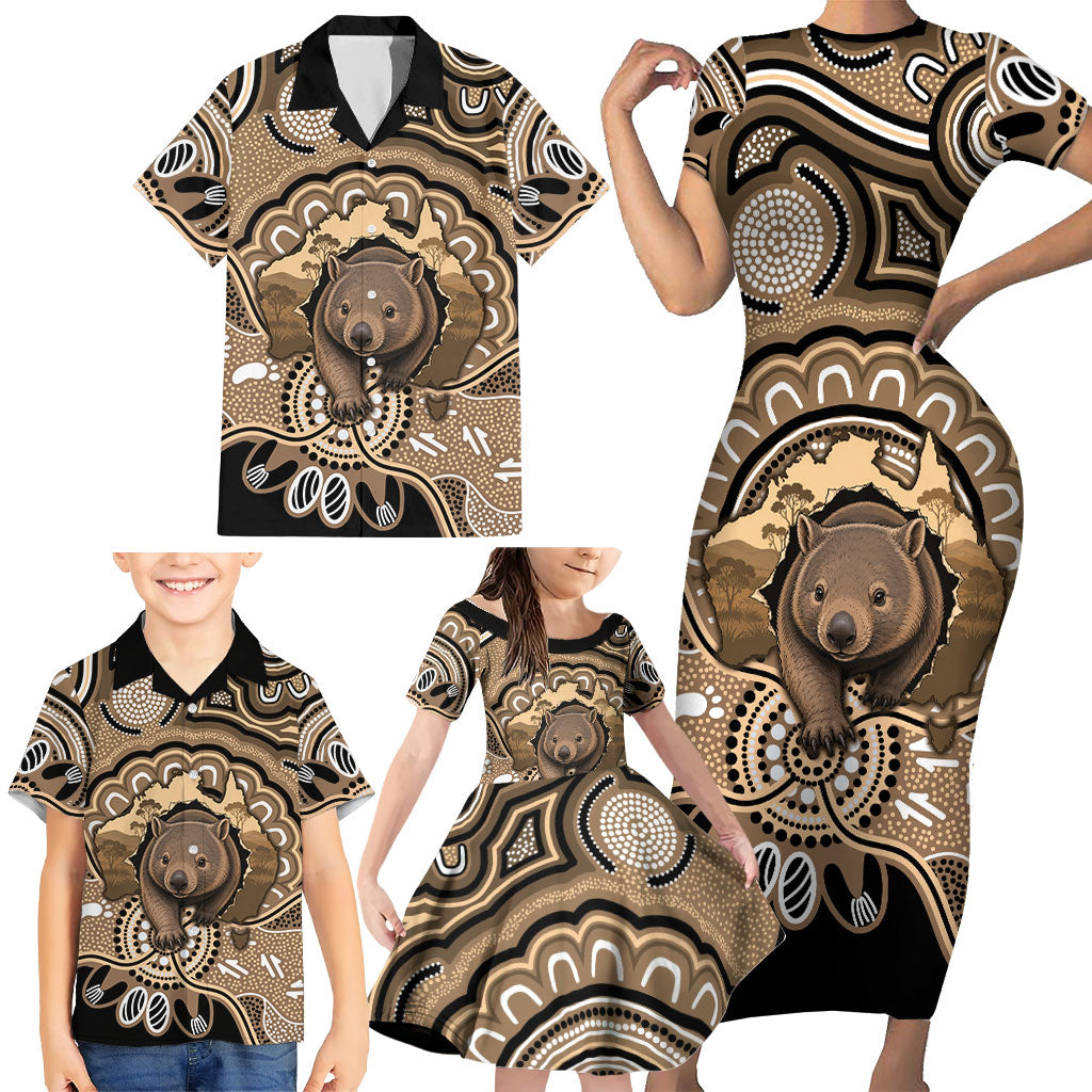 Personalised Australia Wombat Family Matching Short Sleeve Bodycon Dress and Hawaiian Shirt Aussie Map Indigenous Art