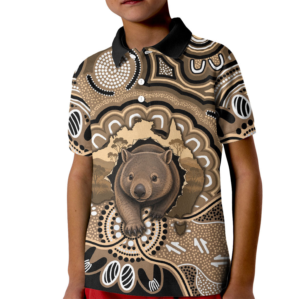 Personalised Australia Wombat Kid Polo Shirt Aussie Map Indigenous Art