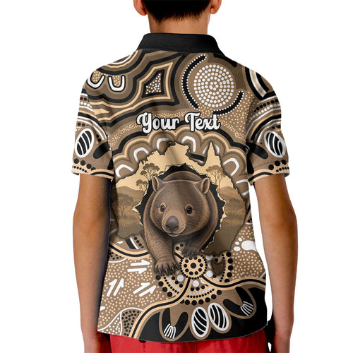Personalised Australia Wombat Kid Polo Shirt Aussie Map Indigenous Art
