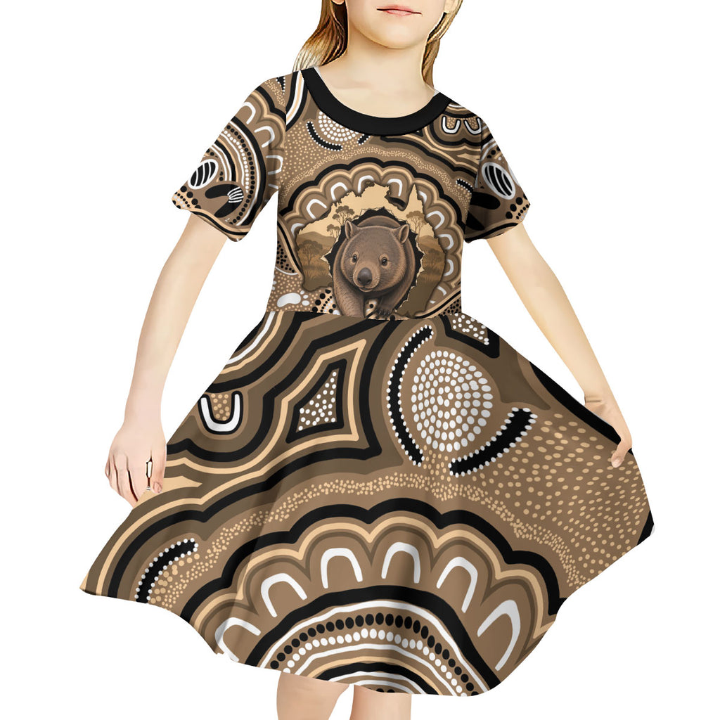 Personalised Australia Wombat Kid Short Sleeve Dress Aussie Map Indigenous Art