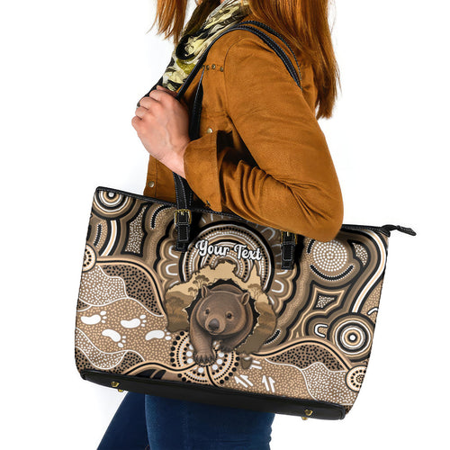 Personalised Australia Wombat Leather Tote Bag Aussie Map Indigenous Art