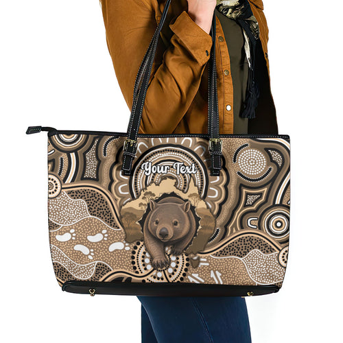 Personalised Australia Wombat Leather Tote Bag Aussie Map Indigenous Art