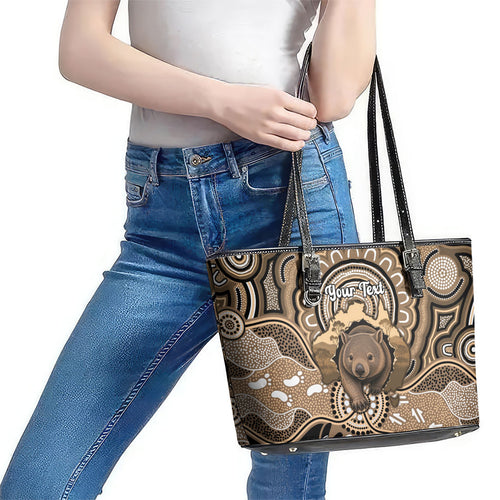 Personalised Australia Wombat Leather Tote Bag Aussie Map Indigenous Art