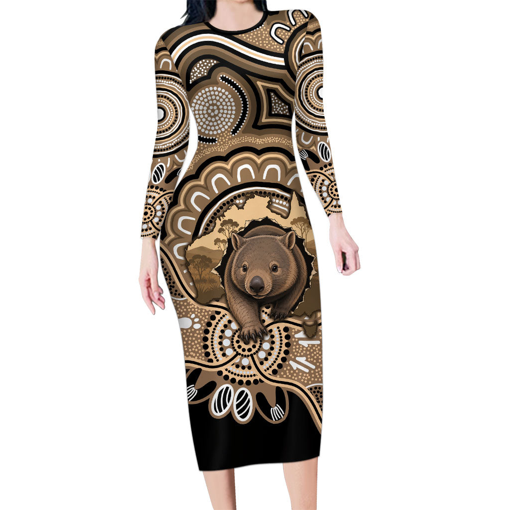 Personalised Australia Wombat Long Sleeve Bodycon Dress Aussie Map Indigenous Art