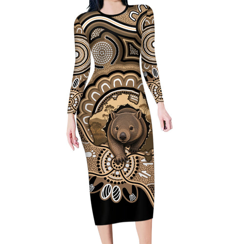 Personalised Australia Wombat Long Sleeve Bodycon Dress Aussie Map Indigenous Art