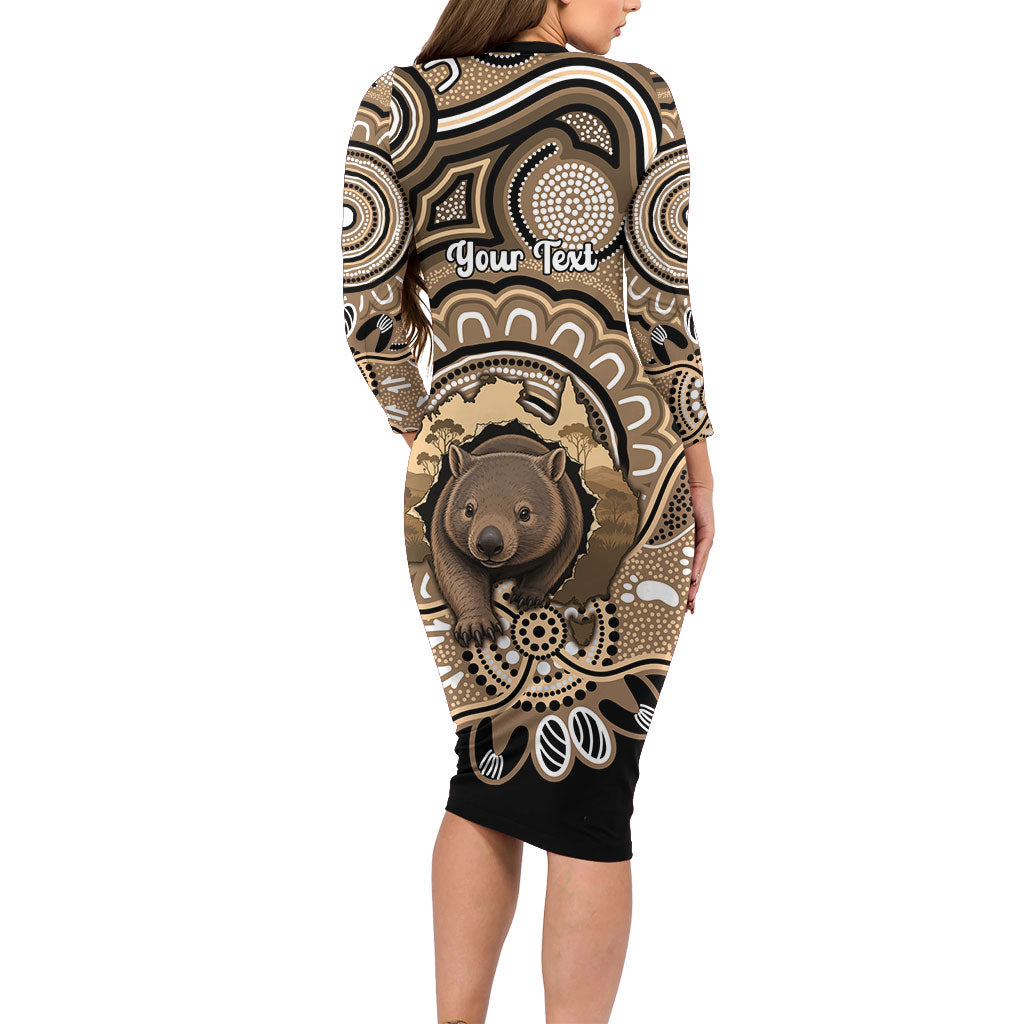 Personalised Australia Wombat Long Sleeve Bodycon Dress Aussie Map Indigenous Art