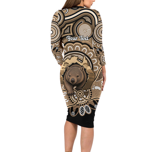 Personalised Australia Wombat Long Sleeve Bodycon Dress Aussie Map Indigenous Art