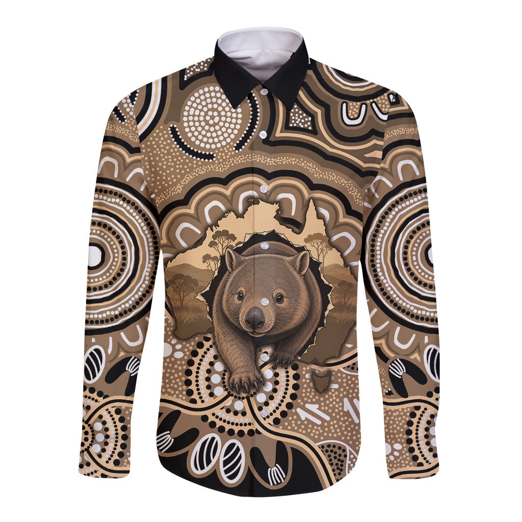 Personalised Australia Wombat Long Sleeve Button Shirt Aussie Map Indigenous Art