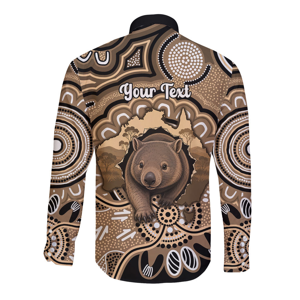 Personalised Australia Wombat Long Sleeve Button Shirt Aussie Map Indigenous Art