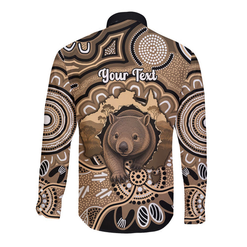 Personalised Australia Wombat Long Sleeve Button Shirt Aussie Map Indigenous Art