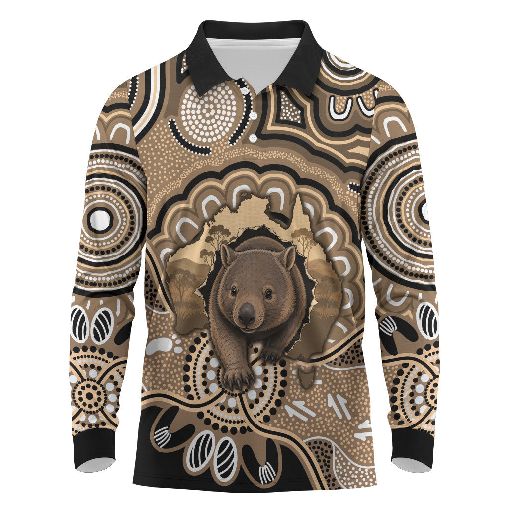 Personalised Australia Wombat Long Sleeve Polo Shirt Aussie Map Indigenous Art