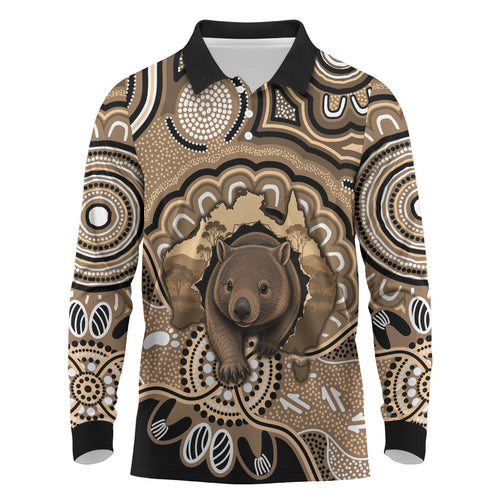 Personalised Australia Wombat Long Sleeve Polo Shirt Aussie Map Indigenous Art