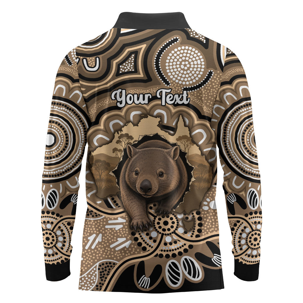 Personalised Australia Wombat Long Sleeve Polo Shirt Aussie Map Indigenous Art