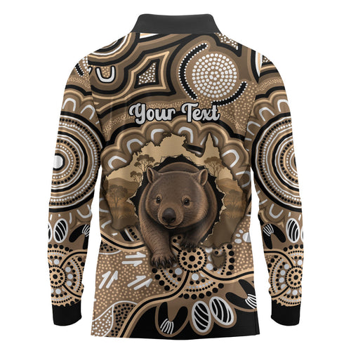 Personalised Australia Wombat Long Sleeve Polo Shirt Aussie Map Indigenous Art