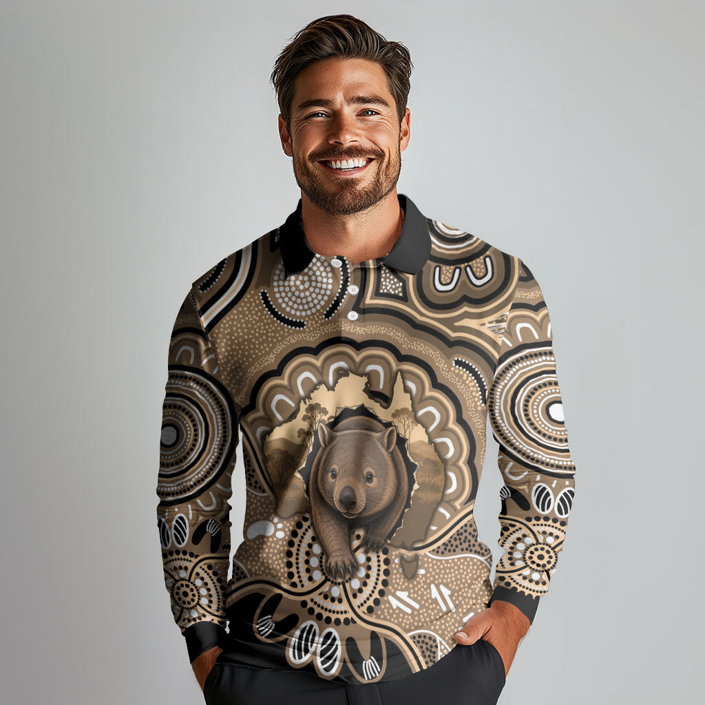 Personalised Australia Wombat Long Sleeve Polo Shirt Aussie Map Indigenous Art