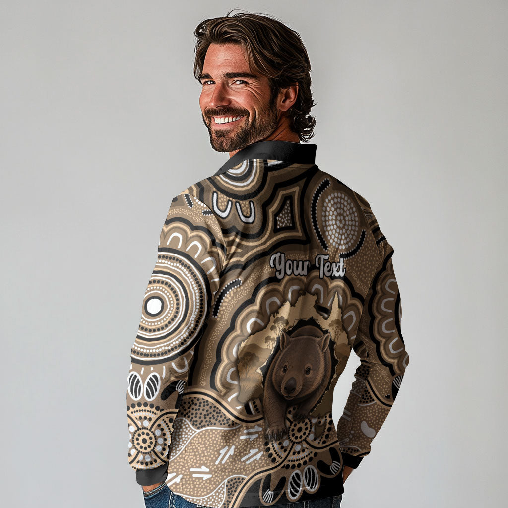 Personalised Australia Wombat Long Sleeve Polo Shirt Aussie Map Indigenous Art