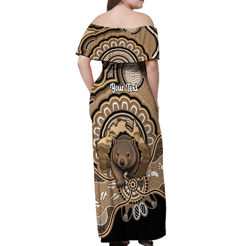 Personalised Australia Wombat Off Shoulder Maxi Dress Aussie Map Indigenous Art