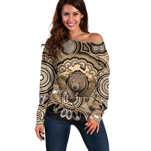 Personalised Australia Wombat Off Shoulder Sweater Aussie Map Indigenous Art