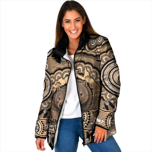Personalised Australia Wombat Padded Jacket Aussie Map Indigenous Art