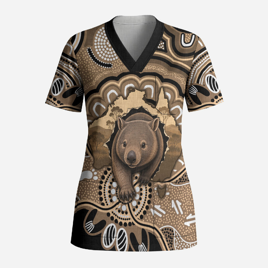 Personalised Australia Wombat Scrub Top Aussie Map Indigenous Art