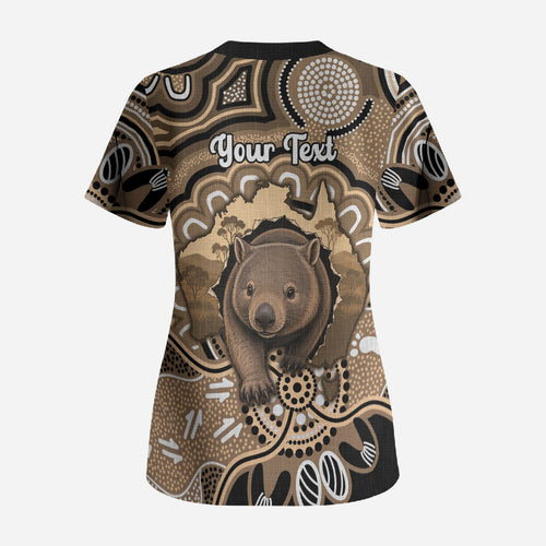 Personalised Australia Wombat Scrub Top Aussie Map Indigenous Art