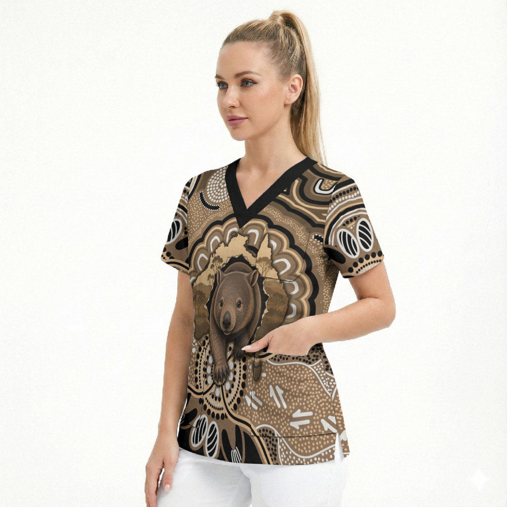 Personalised Australia Wombat Scrub Top Aussie Map Indigenous Art