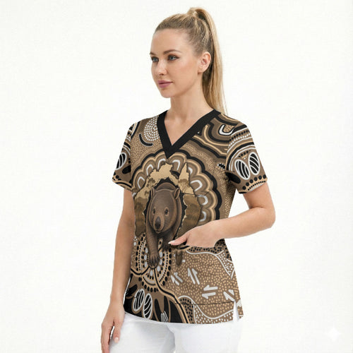 Personalised Australia Wombat Scrub Top Aussie Map Indigenous Art