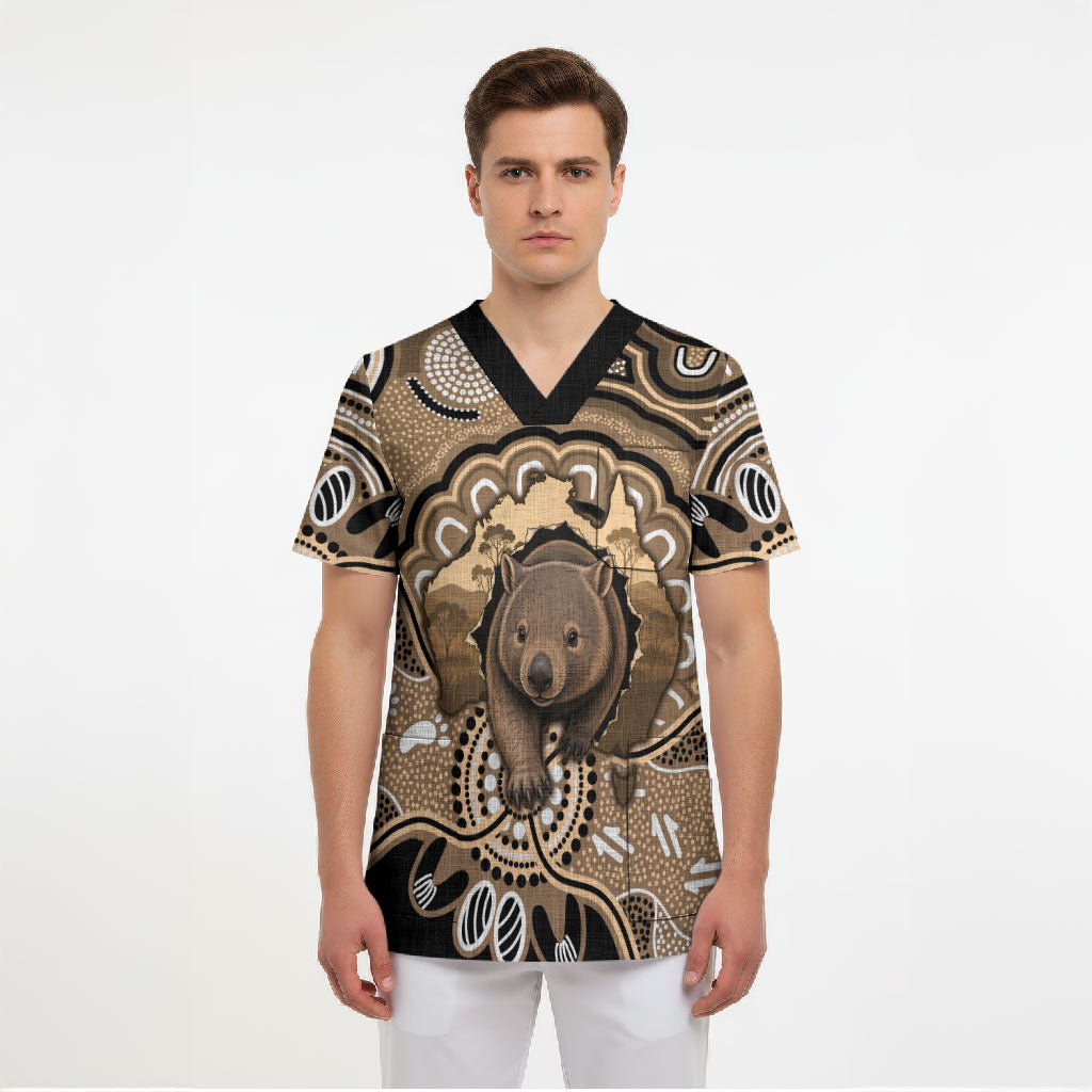 Personalised Australia Wombat Scrub Top Aussie Map Indigenous Art