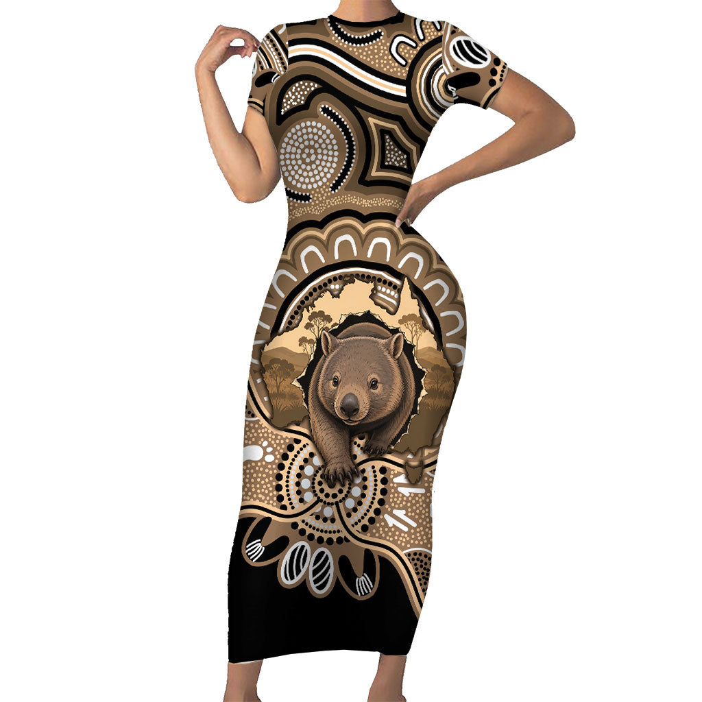 Personalised Australia Wombat Short Sleeve Bodycon Dress Aussie Map Indigenous Art