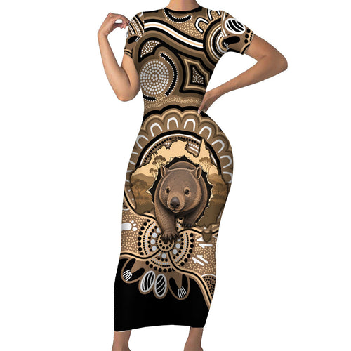 Personalised Australia Wombat Short Sleeve Bodycon Dress Aussie Map Indigenous Art
