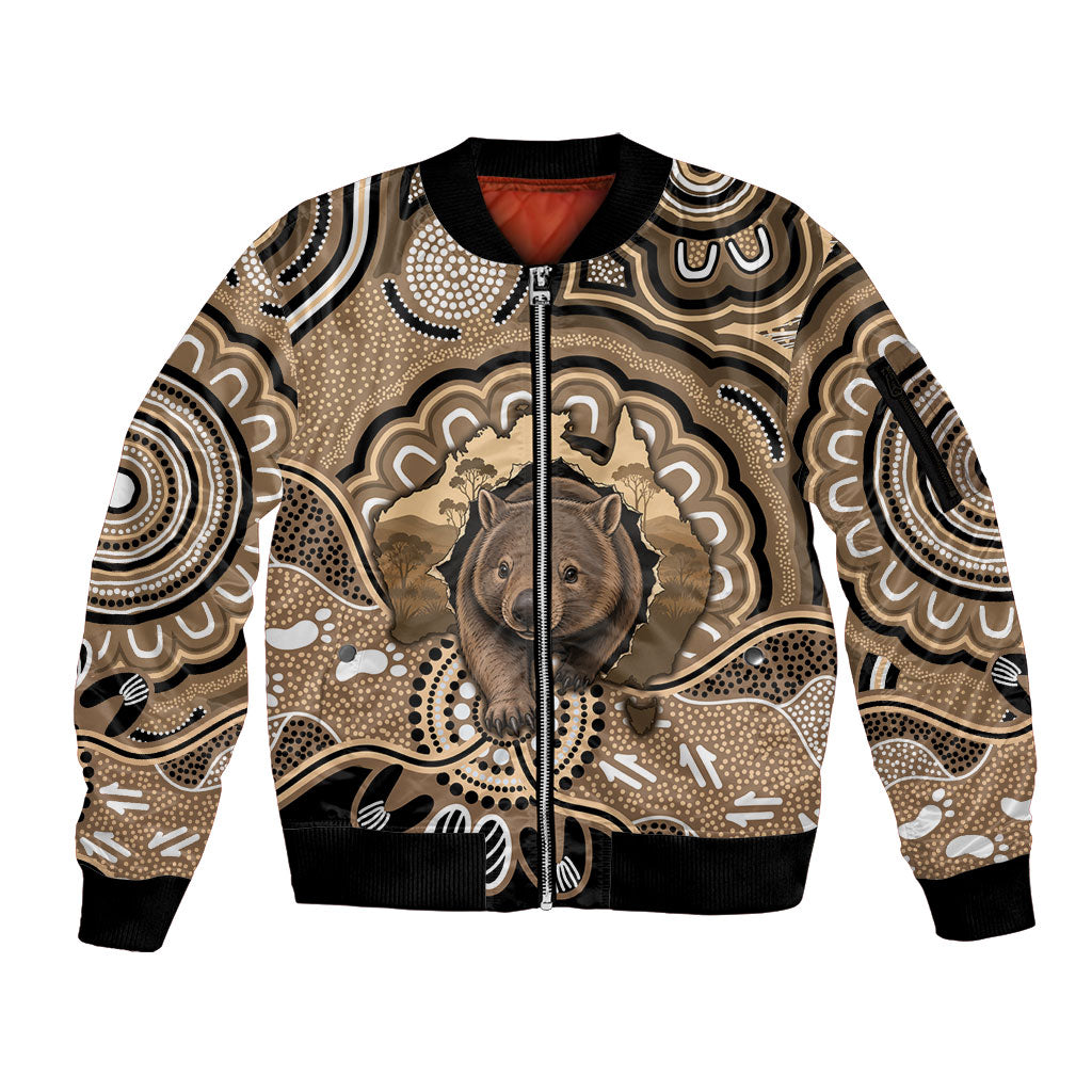 Personalised Australia Wombat Sleeve Zip Bomber Jacket Aussie Map Indigenous Art