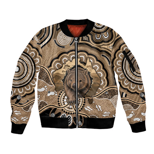 Personalised Australia Wombat Sleeve Zip Bomber Jacket Aussie Map Indigenous Art