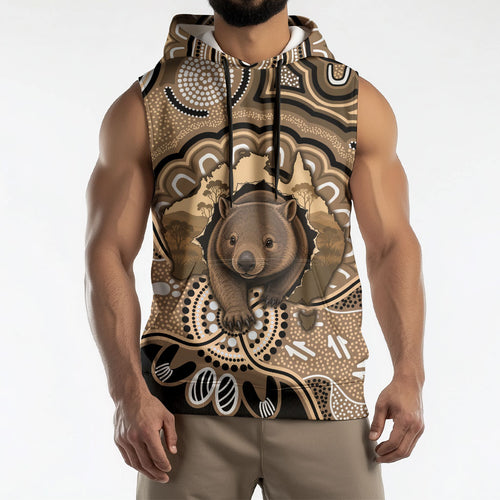 Personalised Australia Wombat Sleeveless Hoodie Aussie Map Indigenous Art