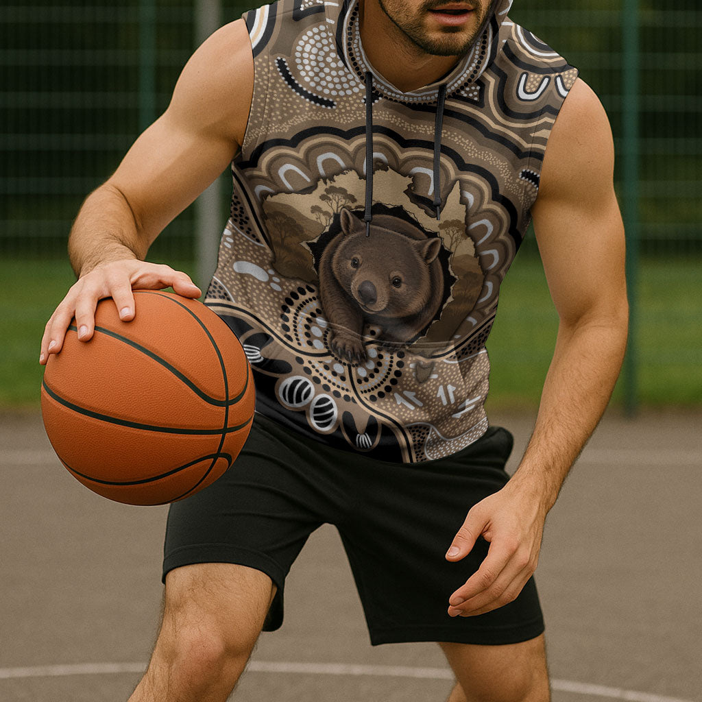 Personalised Australia Wombat Sleeveless Hoodie Aussie Map Indigenous Art