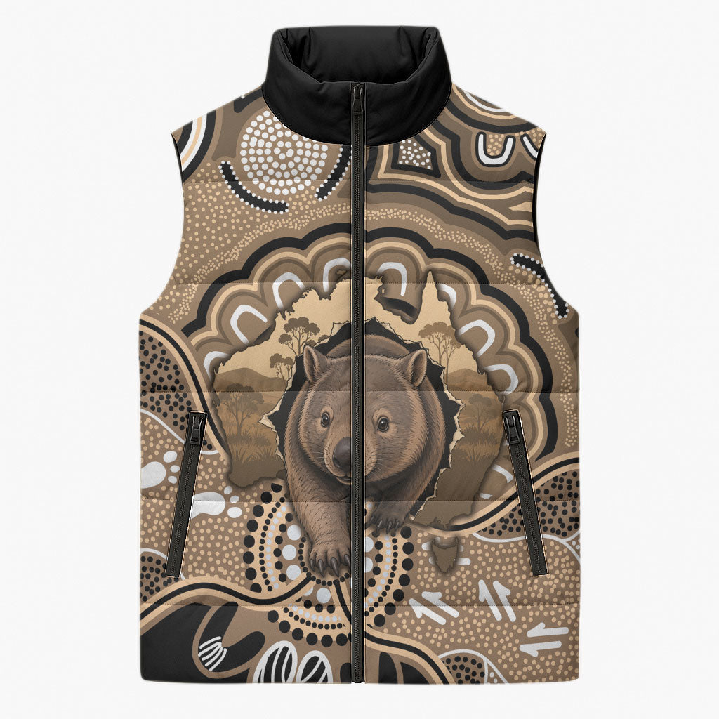 Personalised Australia Wombat Sleeveless Puffer Jacket Aussie Map Indigenous Art