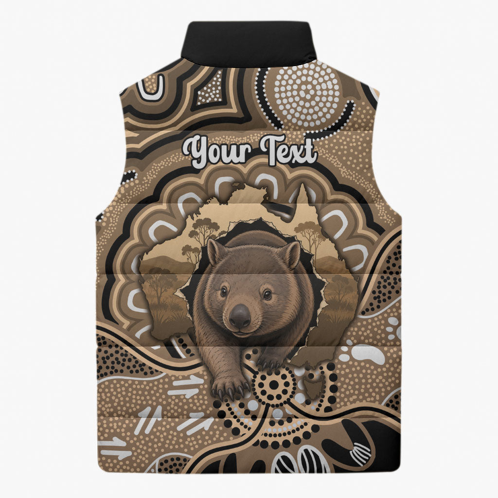 Personalised Australia Wombat Sleeveless Puffer Jacket Aussie Map Indigenous Art