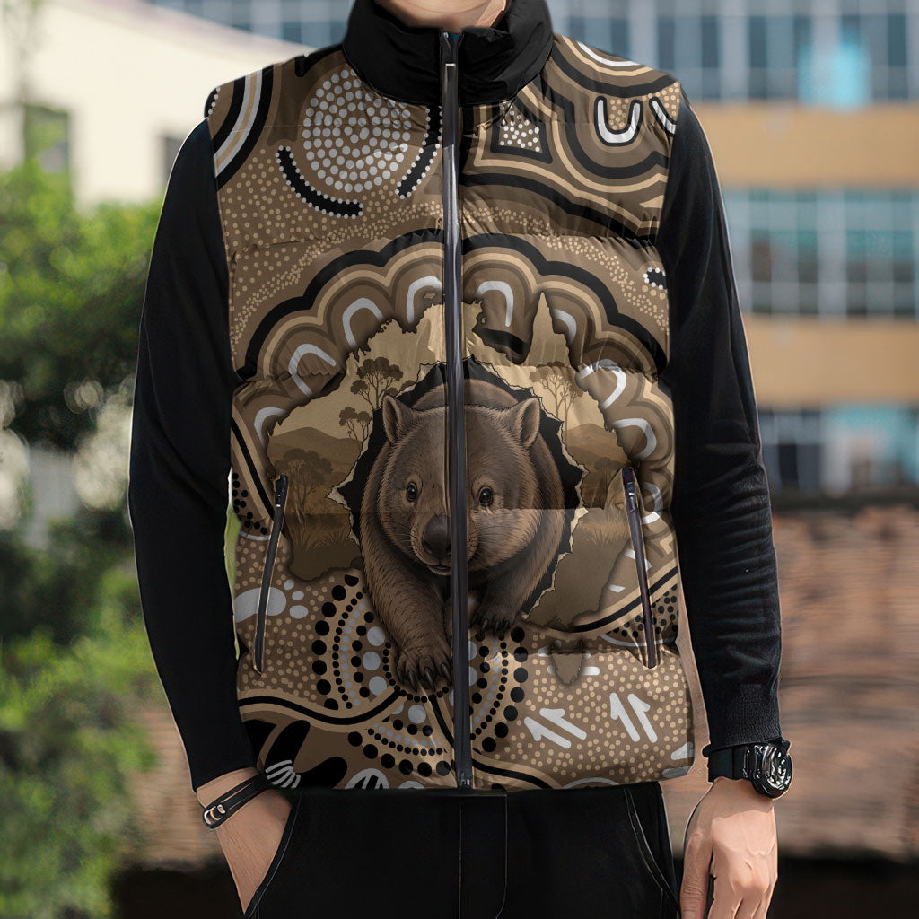 Personalised Australia Wombat Sleeveless Puffer Jacket Aussie Map Indigenous Art