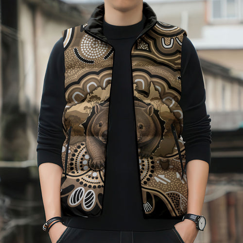 Personalised Australia Wombat Sleeveless Puffer Jacket Aussie Map Indigenous Art