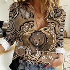 Personalised Australia Wombat Women Casual Shirt Aussie Map Indigenous Art