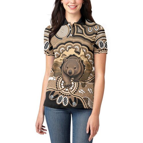 Personalised Australia Wombat Women Polo Shirt Aussie Map Indigenous Art