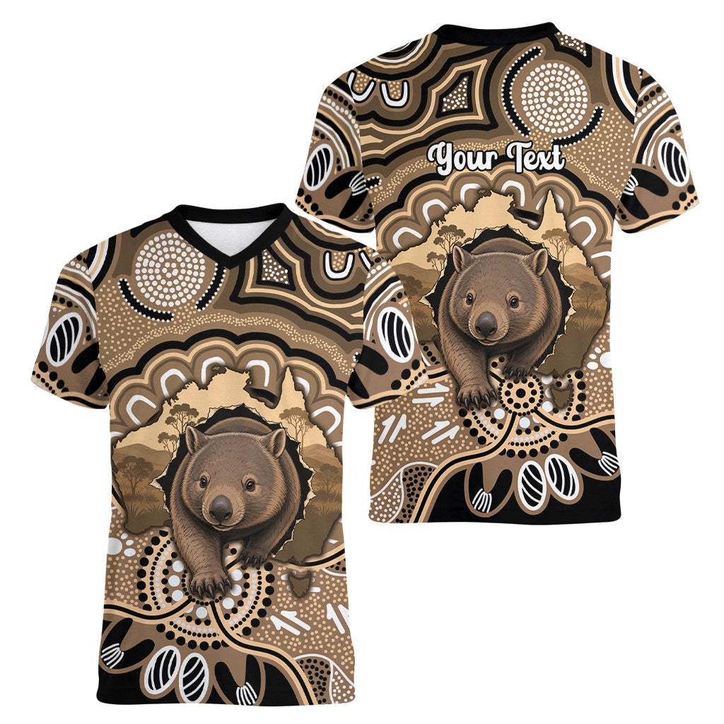 Personalised Australia Wombat Women V-Neck T-Shirt Aussie Map Indigenous Art