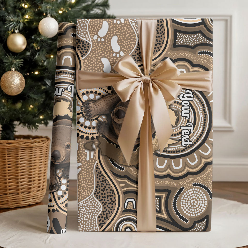 Personalised Australia Wombat Wrapping Paper Aussie Map Indigenous Art