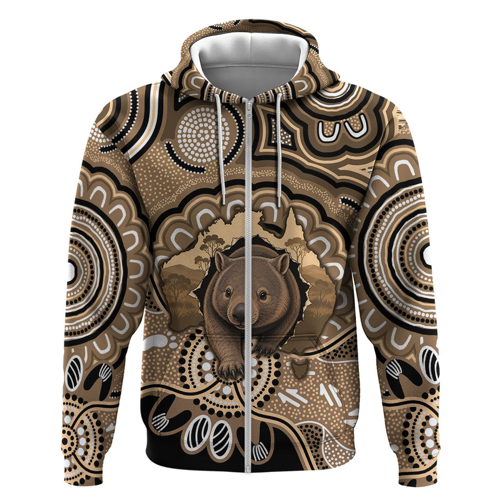 Personalised Australia Wombat Zip Hoodie Aussie Map Indigenous Art